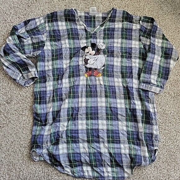 Vintage Disney Mickey Mouse Sleep Shirt Adult Plaid One Size Green Blue Pullover - Picture 1 of 8